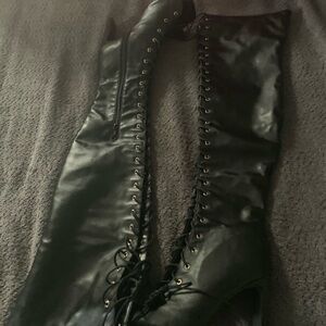 Dolls Kill Black Lace-Up Faux Leather Over-the-Knee Boots